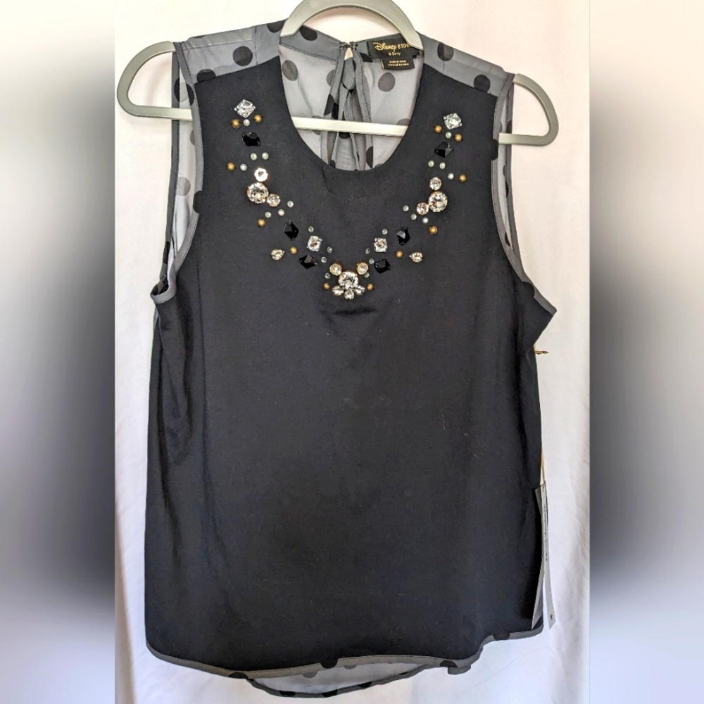 NWT Disney black bejeweled tank top, gray & black sheer polka‎ dot back, sz L